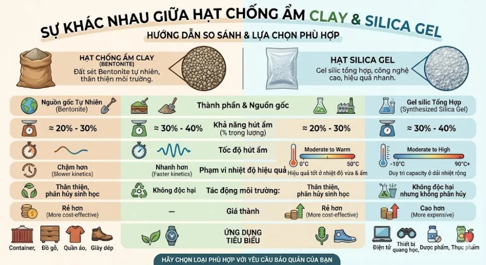 Hạt chống ẩm Clay và Silicagel khác gì nhau?